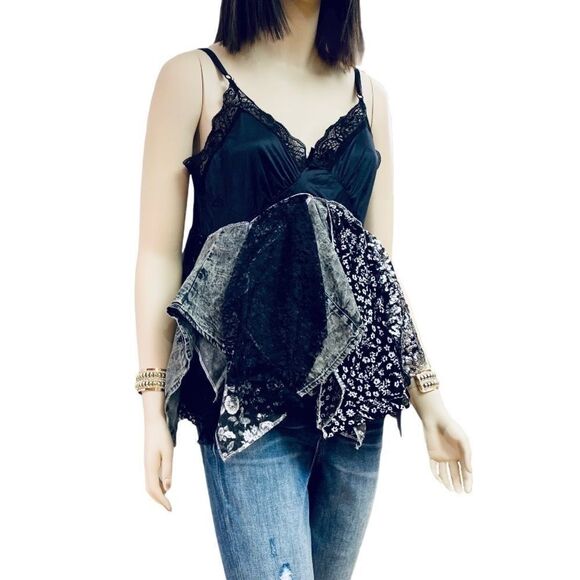 Black Silk White Lace Multi Layer Asymmetrical Floral Lace Cami Tank Top - Picture 2 of 8